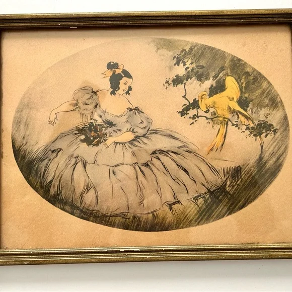 Antique Framed Art Print of Girl in Blue Dress With Bird in Tree - Picture 1 of 5